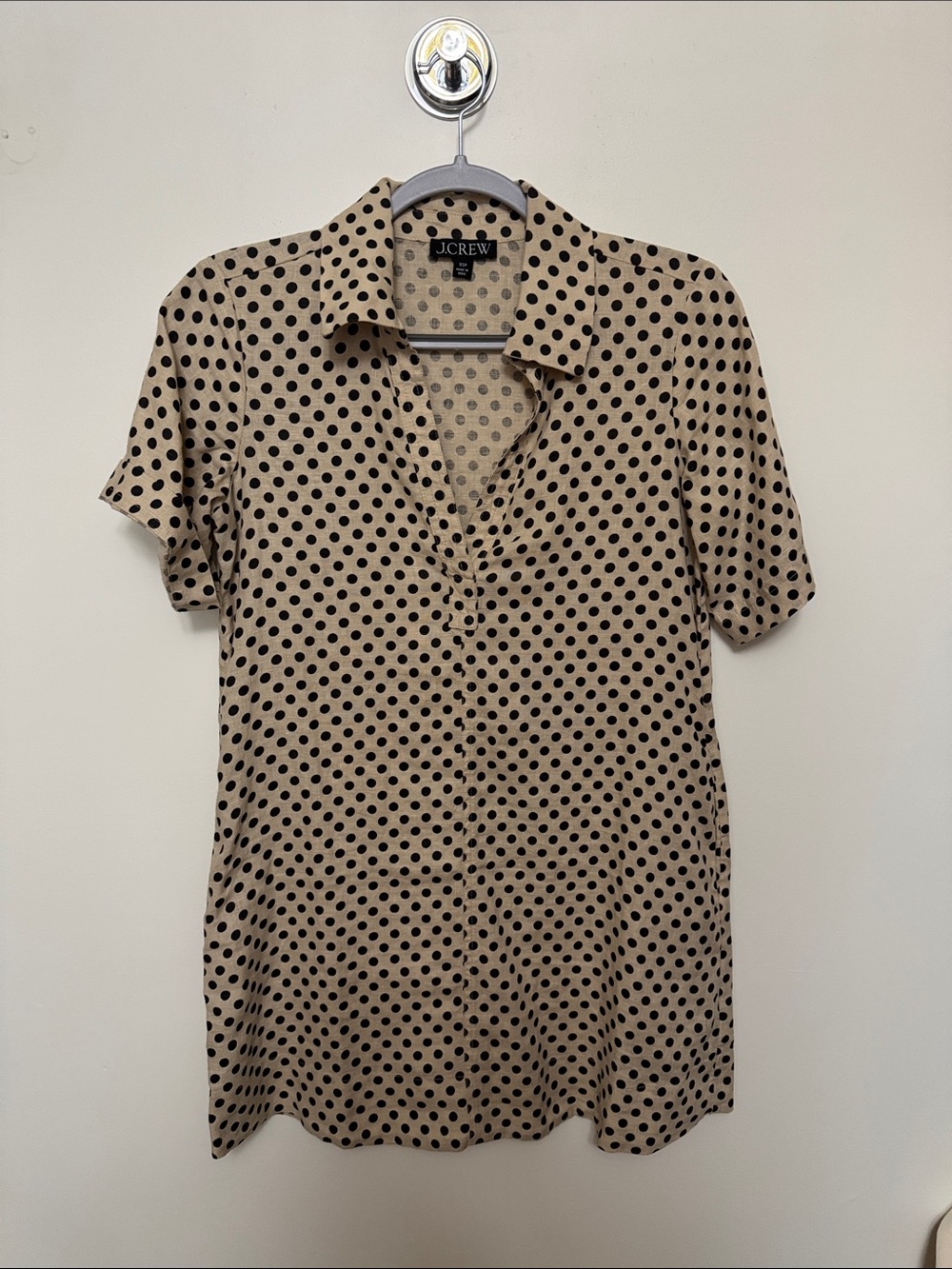 J. Crew Tan Short Sleeve Button-Down with Black Polka Dots